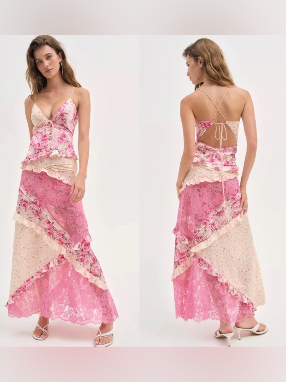 For Love And Lemons Pink & Cream Lace Patchwork Maxi